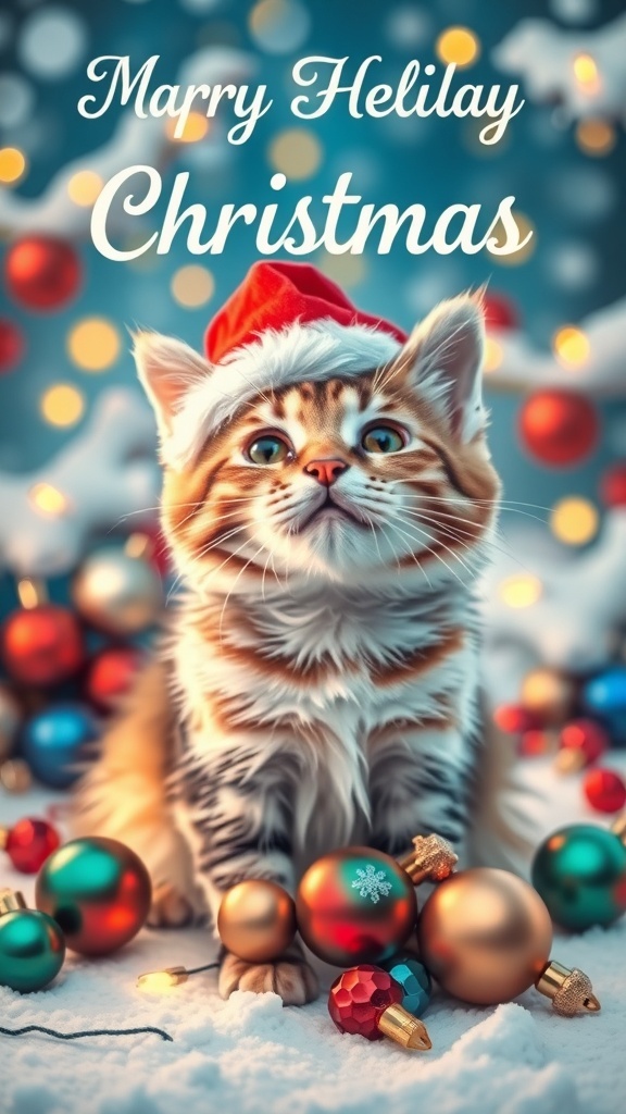 A Christmas card with a cat in a Santa hat, decorated with ornaments and lights.